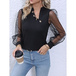 Women’s Shirt Blouse Black Mesh Patchwork Button Plain Casual Long Sleeve V Neck Basic Regular Fit Spring   Fall