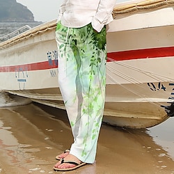 Men’s Trousers Summer Pants Beach Pants Leaf Graphic Prints Drawstring Elastic Waist 3D Print Comfort Casual Daily Holiday Streetwear Hawaiian Yellow Pink