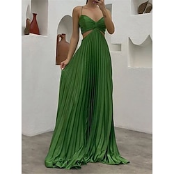 Women’s Long Dress Maxi Dress Prom Dress Party Dress Wedding Guest Dress Green Pure Color Sleeveless Spring Fall Winter Pleated Fashion Spaghetti Strap Winter Dress Evening Party Wedding Guest 2023 S