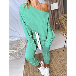 Women’s Loungewear Sets Sport Casual Comfort Pure Color Polyester Home Daily Going out Crew Neck Breathable Hoodie Long Sleeve Pant Summer Fall Green