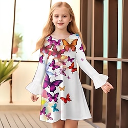 Girls’ 3D Graphic Butterfly Dress Long Sleeve Summer Fall 3D Print Cute Casual Beautiful Sports  Outdoor Daily Holiday 3-12 Years Kids Above Knee Casual Dress A Line Dress Regular Fit Polyester