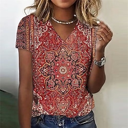 Women’s T shirt Tee Pink Red Orange Print Floral Holiday Weekend Short Sleeve Round Neck Basic Regular Fit Floral Painting