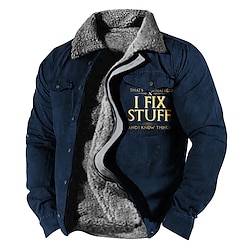 Letter Casual Sherpa Jacket Coat Men’s Fall  Winter Sports  Outdoor Daily Wear Going out Long Sleeve Turndown Dark Navy Brown S M L Polyester Jacket
