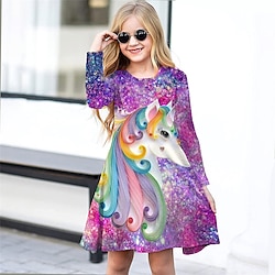 Girls’ 3D Animal Unicorn Dress Long Sleeve Spring Fall 3D Print Cute Casual Sweet Daily Holiday Vacation 3-12 Years Kids Above Knee A Line Dress Regular Fit Polyester