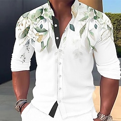 Men’s Shirt Linen Shirt Stand Collar Floral Graphic Prints Leaves Pink Blue Purple Green Gray Outdoor Street Print Long Sleeve Clothing Apparel Linen Fashion Streetwear Designer Casual