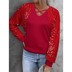 Women’s Shirt Blouse Red Sequins Plain Sparkly Casual Long Sleeve V Neck Fashion Neon  Bright Regular Fit Spring   Fall