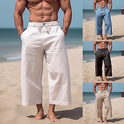 Men’s Linen Pants Trousers Summer Pants Beach Pants Plain Wide Leg Front Pocket Comfort Breathable Linen / Cotton Blend Casual Daily Holiday Fashion Basic Black White