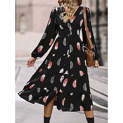 Women’s Casual Dress Feather Swing Dress A Line Dress V Neck Split Print Midi Dress Outdoor Street Fashion Streetwear Regular Fit Long Sleeve Black Spring Fall S M L XL