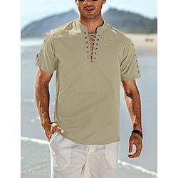 Men’s Shirt Casual Shirt Summer Shirt Beach Shirt Henley Shirt Black White Blue Brown Apricot Plain Short Sleeve Standing Collar Daily Vacation Drawstring Clothing Apparel Fashion Casual Comfortable