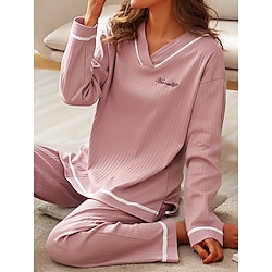 Women’s Plus Size Pajamas Pajama Top and Pant Sets Fashion Casual Comfort Stripe Cotton Home Daily Bed V Wire Breathable T shirt Tee Long Sleeve Pant Summer Fall Light Pink Pink