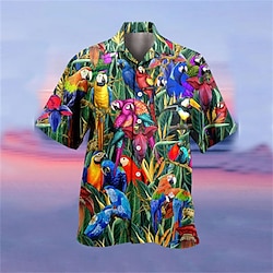 Men’s Shirt Summer Hawaiian Shirt Parrot Short Sleeve Turndown Green 3D Print Outdoor Street Button-Down Clothing Apparel Casual Hawaiian Comfortable Beach