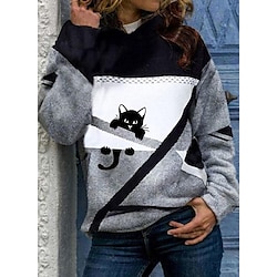 Women’s Hoodie Sweatshirt Pullover Sports Basic Grey Geometric Cat Street Casual Hoodie Top Long Sleeve Fall  Winter Micro-elastic