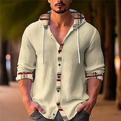 Stripe Geometry Casual Shirt Linen Shirt Men’s Fall  Winter Outdoor Street Casual Daily Long Sleeve Hoodie Apricot Gray S M L Linen Shirt