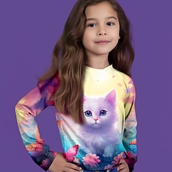 Girls’ 3D T shirt Tee Graphic Animal Cat Long Sleeve Summer Spring Fall 3D Print Polyester Active Fashion Cute 3-12 Years Kids Outdoor Casual Daily Regular Fit