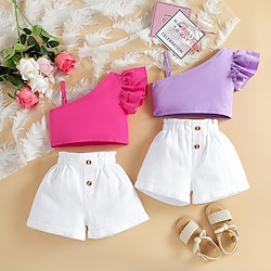 2 Pieces Girls’ Kids Solid Color Children’s Day Tank Top  Shorts Set Halter Set Fashion Sleeveless Cotton Outdoor Summer 3-7 Years Red Purple