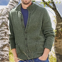 Men’s Sweater Cardigan Sweater Ribbed Knit Knitted Regular Standing Collar Plain Daily Wear Going out Warm Ups Modern Contemporary Clothing Apparel Winter Green M L XL