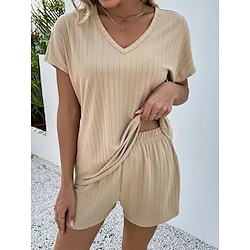 Women’s T shirt Tee Shorts Sets Black Light Green Khaki Solid Color Casual Daily Short Sleeve Round Neck Daily Basic Regular Fit Fall  Winter