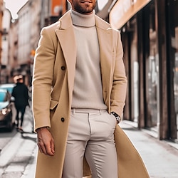 Men’s Winter Coat Overcoat Long Trench Coat Outdoor Daily Wear Polyester Fall  Winter Warm Outerwear Clothing Apparel Fashion Streetwear Plain Single Breasted One-button Lapel