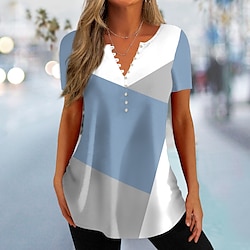 Women’s T shirt Tee Black Pink Blue Button Print Color Block Anchor Daily Weekend Short Sleeve V Neck Tunic Basic Regular Fit Painting