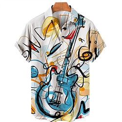 Men’s Shirt Turndown Graphic Prints Graffiti Guitar White Blue Orange Green Street Casual Button-Down Print Short Sleeves Clothing Apparel Sports Fashion Streetwear Designer