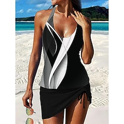 Women’s Swimwear Tankini 2 Piece Normal Swimsuit Color Block Drawstring 2 Piece Printing Black Tank Top Bathing Suits Beach Wear Summer Sports