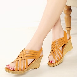 Women’s Sandals Party Daily Wedge Sandals Braided Sandals Summer Open Toe Wedge Heel Elegant Casual Elastic Band Faux Leather Braided Black White Brown