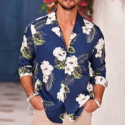 Men’s Shirt Cuban Collar Floral Coconut Tree Graphic Prints Leaves Navy Blue Blue Light Blue Outdoor Casual Print Short Sleeve Clothing Apparel Sports Fashion Streetwear Designer