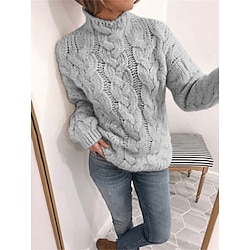 Women’s Pullover Sweater Jumper Jumper Cable Knit Braided Turtleneck Solid Color Outdoor Daily Stylish Casual Fall Winter Light Blue Gray S M L
