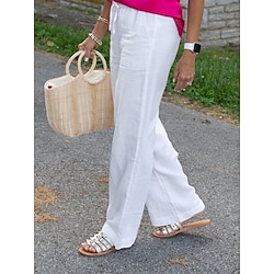 Women’s Wide Leg Linen Pants Cotton White Fashion Casual Comfort Side Pockets Street Vacation Casual Daily Full Length Micro-elastic Plain Comfort S M L XL 2XL