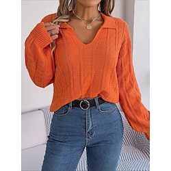 Women’s Pullover Sweater Jumper Jumper Ribbed Knit Braided Shirt Collar Solid Color Outdoor Home Stylish Casual Summer Fall White Orange S M L