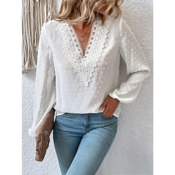 Women’s Shirt Blouse White Lace Plain Casual Long Sleeve V Neck Fashion Daily Basic Regular Fit Fall  Winter