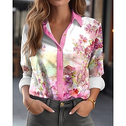 Women’s Shirt Blouse Pink Blue Button Print Graphic Casual Holiday Long Sleeve Shirt Collar Fashion Daily Basic Regular Fit Fall  Winter