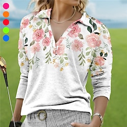Women’s Breathable Quick Dry Moisture Wicking Polo Shirt Golf Shirt Golf Apparel Golf Clothes Long Sleeve V Neck Regular Fit Summer Floral Tennis Golf Pickleball