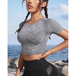 Women’s Crop Top Seamless Cropped Solid Color Dark Grey Black Yoga Fitness Gym Workout Spandex Tee Tshirt Short Sleeve Sport Activewear Stretchy Breathable Quick Dry Comfortable Slim