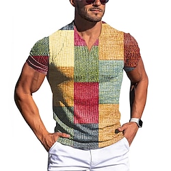 Men’s Waffle T Shirt V Neck Graphic Plaid Color Block Clothing Apparel 3D Print Outdoor Daily Short Sleeve Fashion Designer Basic