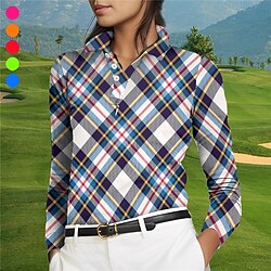 Women’s Breathable Quick Dry Moisture Wicking Polo Shirt Golf Shirt Button Up Polo Golf Apparel Golf Clothes Long Sleeve Regular Fit Summer Plaid Tennis Golf Pickleball