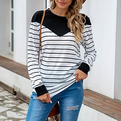Women’s T shirt Tee Black Yellow Green Print Striped Daily Weekend Long Sleeve Round Neck Daily Basic Regular Fit Painting Fall  Winter