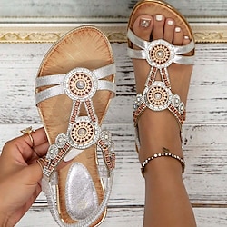 Women’s Sandals Daily Beach Boho Bohemia Beach Flat Sandals Plus Size Summer Buckle Open Toe Flat Heel Vacation Elegant Comfort Buckle Rubber Embroidered Silver Black Gold