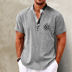Men’s Shirt Linen Shirt Stand Collar Sun Graphic Prints Vintage Black Pink Khaki Gray Outdoor Street Print Short Sleeve Clothing Apparel Linen Fashion Streetwear Designer Casual