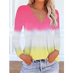 Women’s T shirt Tee Yellow Pink Blue Print Color Gradient Daily Weekend Long Sleeve V Neck Basic Neon  Bright Regular Fit Painting Fall  Winter