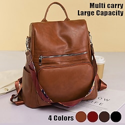 Women’s Backpack School Daily School Bag Bookbag Commuter Backpack PU Leather Solid Color Large Capacity Waterproof Lightweight Zipper Coffee color Black Red