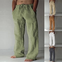 Men’s Linen Pants Trousers Baggy Casual Pants Solid Color Drawstring Front Pocket Straight Leg Full Length Comfort Soft Linen / Cotton Blend Daily Yoga Fashion Green White