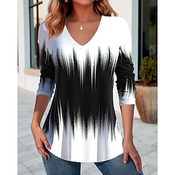Women’s T shirt Tee White Yellow Blue Print Color Block Daily Weekend Long Sleeve V Neck Fashion Regular Fit Painting Spring   Fall