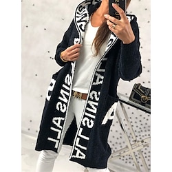 Women’s Cardigan Sweater Jumper Ribbed Knit Pocket Oversized Long Hooded Letter Outdoor Daily Stylish Casual Fall Winter Black Pink S M L