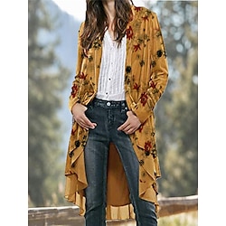 Women’s Casual Jacket Fall Winter Street Daily Wear Vacation Long Coat Windproof Breathable Regular Fit Casual Daily Street Style Jacket Long Sleeve Print Floral Orange Gray