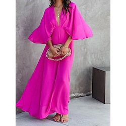 Women’s Party Dress Swing Dress Long Dress Maxi Dress Fashion Elegant Dress Pure Color Split Party Date Vacation V Neck 3/4 Length Sleeve Dress Regular Fit Dark Pink Spring Fall XS S M L XL