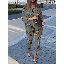 Women’s Loungewear Sets Fashion Casual Comfort Flower Cotton And Linen Street Daily Date V Wire Breathable T shirt Tee Half Sleeve Pant Summer Spring Army Green Red