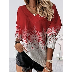 Women’s Pullover Sweater Jumper Jumper Crochet Knit Print Tunic V Neck Snowflake Christmas Stylish Casual Drop Shoulder Fall Winter White Wine S M L