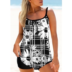 Women’s Swimwear Tankini 2 Piece Plus Size Swimsuit Floral 2 Piece Printing Black White Blue Tank Top Bathing Suits Summer Sports