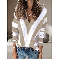 Women’s Pullover Sweater Jumper Jumper Ribbed Knit Patchwork V Neck Color Block Outdoor Daily Stylish Casual Fall Winter Red Blue S M L
